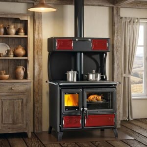Cucina a legna con scaldavivande MILLY - La Nordica - Extraflame colore bordeaux