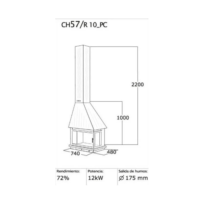 Dimensioni camino a legna sospeso angolare CH 57 con vetro 12 kW Focgrup